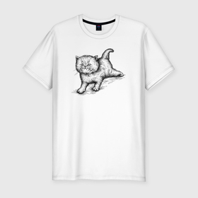 Мужская футболка хлопок Slim с принтом Пушистый котёнок в Петрозаводске, 92% хлопок, 8% лайкра | приталенный силуэт, круглый вырез ворота, длина до линии бедра, короткий рукав | 