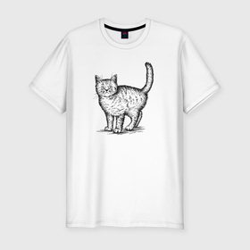 Мужская футболка хлопок Slim с принтом Кошка сбоку в Санкт-Петербурге, 92% хлопок, 8% лайкра | приталенный силуэт, круглый вырез ворота, длина до линии бедра, короткий рукав | 