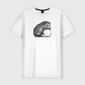 Мужская футболка хлопок Slim с принтом Ежик и яблоко в Санкт-Петербурге, 92% хлопок, 8% лайкра | приталенный силуэт, круглый вырез ворота, длина до линии бедра, короткий рукав | 