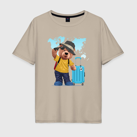 Мужская футболка хлопок Oversize с принтом Плюшевый медвежонок путешественник , 100% хлопок | свободный крой, круглый ворот, “спинка” длиннее передней части | 