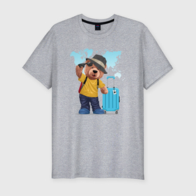 Мужская футболка хлопок Slim с принтом Плюшевый медвежонок путешественник в Курске, 92% хлопок, 8% лайкра | приталенный силуэт, круглый вырез ворота, длина до линии бедра, короткий рукав | 