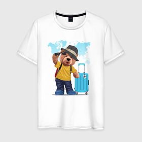 Мужская футболка хлопок с принтом Плюшевый медвежонок путешественник в Екатеринбурге, 100% хлопок | прямой крой, круглый вырез горловины, длина до линии бедер, слегка спущенное плечо. | 