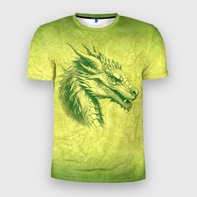 Мужская футболка 3D Slim с принтом Зеленый нарисованный дракон с открытой пастью в Тюмени, 100% полиэстер с улучшенными характеристиками | приталенный силуэт, круглая горловина, широкие плечи, сужается к линии бедра | 
