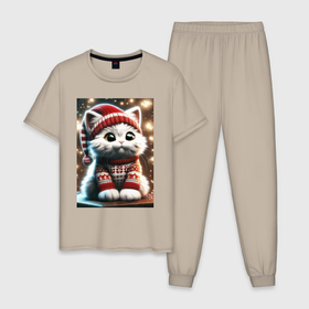 Мужская пижама хлопок с принтом Котик в новогоднем свитере в Екатеринбурге, 100% хлопок | брюки и футболка прямого кроя, без карманов, на брюках мягкая резинка на поясе и по низу штанин
 | Тематика изображения на принте: 
