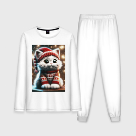 Мужская пижама с лонгсливом хлопок с принтом Котик в новогоднем свитере в Екатеринбурге,  |  | Тематика изображения на принте: 