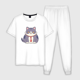 Мужская пижама хлопок с принтом Важный кот с галстуком , 100% хлопок | брюки и футболка прямого кроя, без карманов, на брюках мягкая резинка на поясе и по низу штанин
 | 