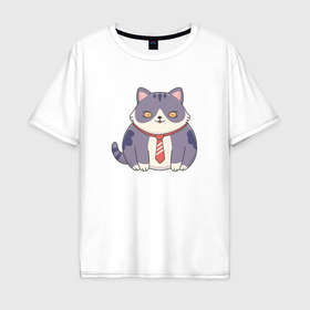 Мужская футболка хлопок Oversize с принтом Важный кот с галстуком , 100% хлопок | свободный крой, круглый ворот, “спинка” длиннее передней части | 