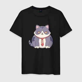 Мужская футболка хлопок с принтом Важный кот с галстуком , 100% хлопок | прямой крой, круглый вырез горловины, длина до линии бедер, слегка спущенное плечо. | 