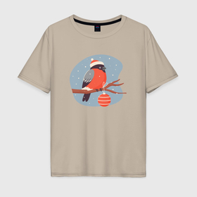 Мужская футболка хлопок Oversize с принтом Снегирь в новогодней шапочке сидит на ветке в Санкт-Петербурге, 100% хлопок | свободный крой, круглый ворот, “спинка” длиннее передней части | Тематика изображения на принте: 