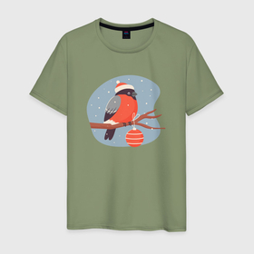 Мужская футболка хлопок с принтом Снегирь в новогодней шапочке сидит на ветке в Петрозаводске, 100% хлопок | прямой крой, круглый вырез горловины, длина до линии бедер, слегка спущенное плечо. | 
