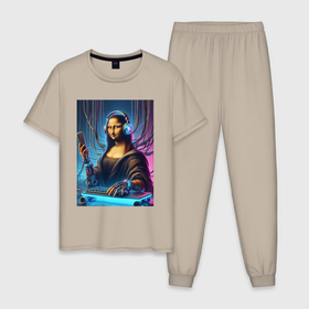 Мужская пижама хлопок с принтом Mona Lisa cyberpunk   fantasy в Екатеринбурге, 100% хлопок | брюки и футболка прямого кроя, без карманов, на брюках мягкая резинка на поясе и по низу штанин
 | 