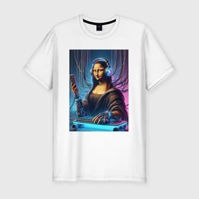 Мужская футболка хлопок Slim с принтом Mona Lisa cyberpunk   fantasy в Петрозаводске, 92% хлопок, 8% лайкра | приталенный силуэт, круглый вырез ворота, длина до линии бедра, короткий рукав | Тематика изображения на принте: 