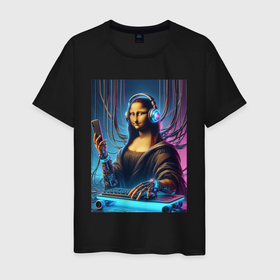 Мужская футболка хлопок с принтом Mona Lisa cyberpunk   fantasy в Екатеринбурге, 100% хлопок | прямой крой, круглый вырез горловины, длина до линии бедер, слегка спущенное плечо. | 