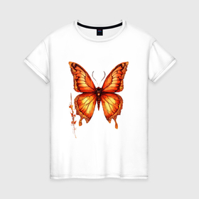 Женская футболка хлопок с принтом Бабочка огненная , 100% хлопок | прямой крой, круглый вырез горловины, длина до линии бедер, слегка спущенное плечо | 