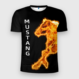 Мужская футболка 3D Slim с принтом Mustang fire в Екатеринбурге, 100% полиэстер с улучшенными характеристиками | приталенный силуэт, круглая горловина, широкие плечи, сужается к линии бедра | 