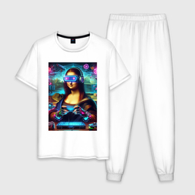 Мужская пижама хлопок с принтом Mona Lisa is an avid gamer   cyberpunk в Петрозаводске, 100% хлопок | брюки и футболка прямого кроя, без карманов, на брюках мягкая резинка на поясе и по низу штанин
 | Тематика изображения на принте: 