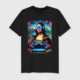 Мужская футболка хлопок Slim с принтом Mona Lisa is an avid gamer   cyberpunk в Петрозаводске, 92% хлопок, 8% лайкра | приталенный силуэт, круглый вырез ворота, длина до линии бедра, короткий рукав | Тематика изображения на принте: 