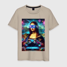 Мужская футболка хлопок с принтом Mona Lisa is an avid gamer   cyberpunk в Екатеринбурге, 100% хлопок | прямой крой, круглый вырез горловины, длина до линии бедер, слегка спущенное плечо. | Тематика изображения на принте: 