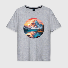 Мужская футболка хлопок Oversize с принтом Реки горы солнце  горный пейзаж , 100% хлопок | свободный крой, круглый ворот, “спинка” длиннее передней части | Тематика изображения на принте: 