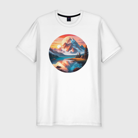 Мужская футболка хлопок Slim с принтом Реки горы солнце  горный пейзаж в Кировске, 92% хлопок, 8% лайкра | приталенный силуэт, круглый вырез ворота, длина до линии бедра, короткий рукав | 
