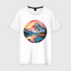 Мужская футболка хлопок с принтом Реки горы солнце  горный пейзаж в Тюмени, 100% хлопок | прямой крой, круглый вырез горловины, длина до линии бедер, слегка спущенное плечо. | 