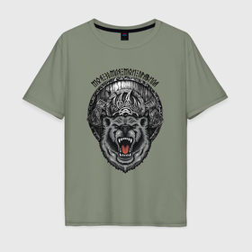 Мужская футболка хлопок Oversize с принтом Суровый медведь в символике с топорами в Екатеринбурге, 100% хлопок | свободный крой, круглый ворот, “спинка” длиннее передней части | 