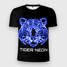Мужская футболка 3D Slim с принтом Tiger neon art в Новосибирске, 100% полиэстер с улучшенными характеристиками | приталенный силуэт, круглая горловина, широкие плечи, сужается к линии бедра | 