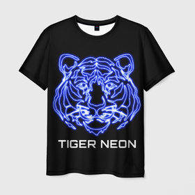 Мужская футболка 3D с принтом Tiger neon art в Тюмени, 100% полиэфир | прямой крой, круглый вырез горловины, длина до линии бедер | 