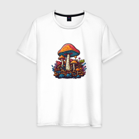 Мужская футболка хлопок с принтом Магические лесные грибы в Курске, 100% хлопок | прямой крой, круглый вырез горловины, длина до линии бедер, слегка спущенное плечо. | 