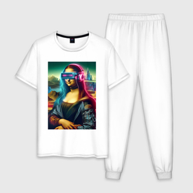 Мужская пижама хлопок с принтом Мона Лиза в виртуальном шлеме в Белгороде, 100% хлопок | брюки и футболка прямого кроя, без карманов, на брюках мягкая резинка на поясе и по низу штанин
 | 