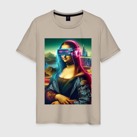 Мужская футболка хлопок с принтом Мона Лиза в виртуальном шлеме в Екатеринбурге, 100% хлопок | прямой крой, круглый вырез горловины, длина до линии бедер, слегка спущенное плечо. | 