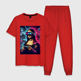 Мужская пижама хлопок с принтом Mona Lisa is an avid gamer   fantasy в Екатеринбурге, 100% хлопок | брюки и футболка прямого кроя, без карманов, на брюках мягкая резинка на поясе и по низу штанин
 | 