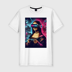 Мужская футболка хлопок Slim с принтом Mona Lisa is an avid gamer   fantasy в Белгороде, 92% хлопок, 8% лайкра | приталенный силуэт, круглый вырез ворота, длина до линии бедра, короткий рукав | 