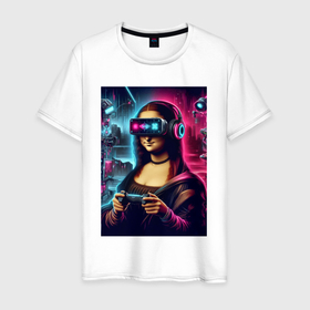 Мужская футболка хлопок с принтом Mona Lisa is an avid gamer   fantasy в Екатеринбурге, 100% хлопок | прямой крой, круглый вырез горловины, длина до линии бедер, слегка спущенное плечо. | 