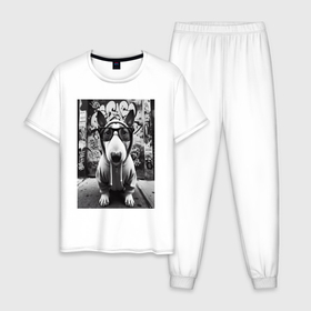 Мужская пижама хлопок с принтом Булли у стены с граффити в Кировске, 100% хлопок | брюки и футболка прямого кроя, без карманов, на брюках мягкая резинка на поясе и по низу штанин
 | 