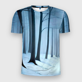 Мужская футболка 3D Slim с принтом Тропинка между деревьев в зимнем лесу в Екатеринбурге, 100% полиэстер с улучшенными характеристиками | приталенный силуэт, круглая горловина, широкие плечи, сужается к линии бедра | Тематика изображения на принте: 