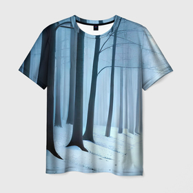 Мужская футболка 3D с принтом Тропинка между деревьев в зимнем лесу в Тюмени, 100% полиэфир | прямой крой, круглый вырез горловины, длина до линии бедер | Тематика изображения на принте: 