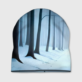 Шапка 3D с принтом Тропинка между деревьев в зимнем лесу , 100% полиэстер | универсальный размер, печать по всей поверхности изделия | Тематика изображения на принте: 