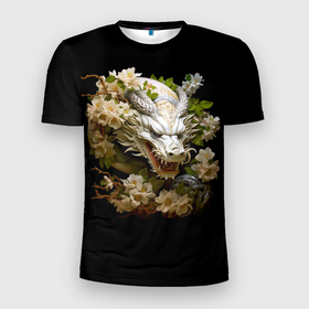 Мужская футболка 3D Slim с принтом Китайский дракон и цветы сакуры в Екатеринбурге, 100% полиэстер с улучшенными характеристиками | приталенный силуэт, круглая горловина, широкие плечи, сужается к линии бедра | Тематика изображения на принте: 