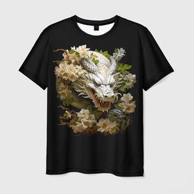 Мужская футболка 3D с принтом Китайский дракон и цветы сакуры в Петрозаводске, 100% полиэфир | прямой крой, круглый вырез горловины, длина до линии бедер | 