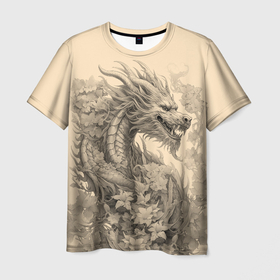 Мужская футболка 3D с принтом Дракон поднимается из цветов , 100% полиэфир | прямой крой, круглый вырез горловины, длина до линии бедер | 