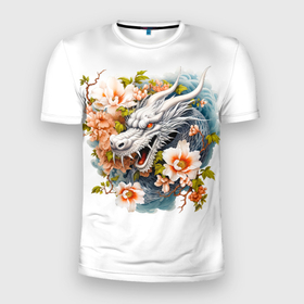 Мужская футболка 3D Slim с принтом Китайский дракон в цветах сакуры в Санкт-Петербурге, 100% полиэстер с улучшенными характеристиками | приталенный силуэт, круглая горловина, широкие плечи, сужается к линии бедра | 