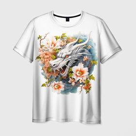 Мужская футболка 3D с принтом Китайский дракон в цветах сакуры в Екатеринбурге, 100% полиэфир | прямой крой, круглый вырез горловины, длина до линии бедер | Тематика изображения на принте: 