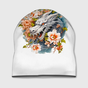 Шапка 3D с принтом Китайский дракон в цветах сакуры в Екатеринбурге, 100% полиэстер | универсальный размер, печать по всей поверхности изделия | Тематика изображения на принте: 