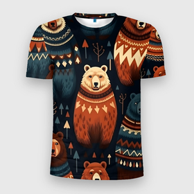 Мужская футболка 3D Slim с принтом Медведи индейцы в Санкт-Петербурге, 100% полиэстер с улучшенными характеристиками | приталенный силуэт, круглая горловина, широкие плечи, сужается к линии бедра | 