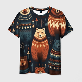 Мужская футболка 3D с принтом Медведи индейцы в Петрозаводске, 100% полиэфир | прямой крой, круглый вырез горловины, длина до линии бедер | 