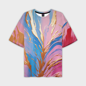 Мужская футболка oversize 3D с принтом Жидкая краска синего и розового цвета с золотой краской в Кировске,  |  | 