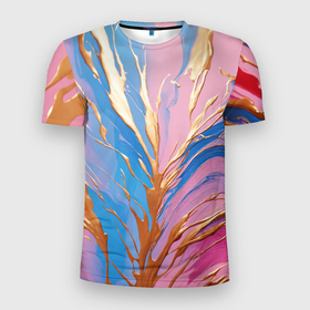 Мужская футболка 3D Slim с принтом Жидкая краска синего и розового цвета с золотой краской в Курске, 100% полиэстер с улучшенными характеристиками | приталенный силуэт, круглая горловина, широкие плечи, сужается к линии бедра | 