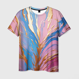 Мужская футболка 3D с принтом Жидкая краска синего и розового цвета с золотой краской в Белгороде, 100% полиэфир | прямой крой, круглый вырез горловины, длина до линии бедер | 