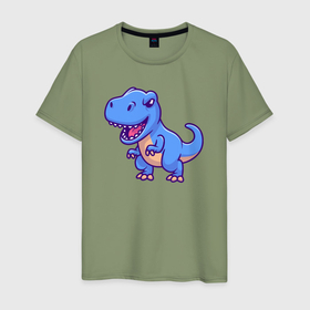 Мужская футболка хлопок с принтом Blue dinosaur , 100% хлопок | прямой крой, круглый вырез горловины, длина до линии бедер, слегка спущенное плечо. | Тематика изображения на принте: 